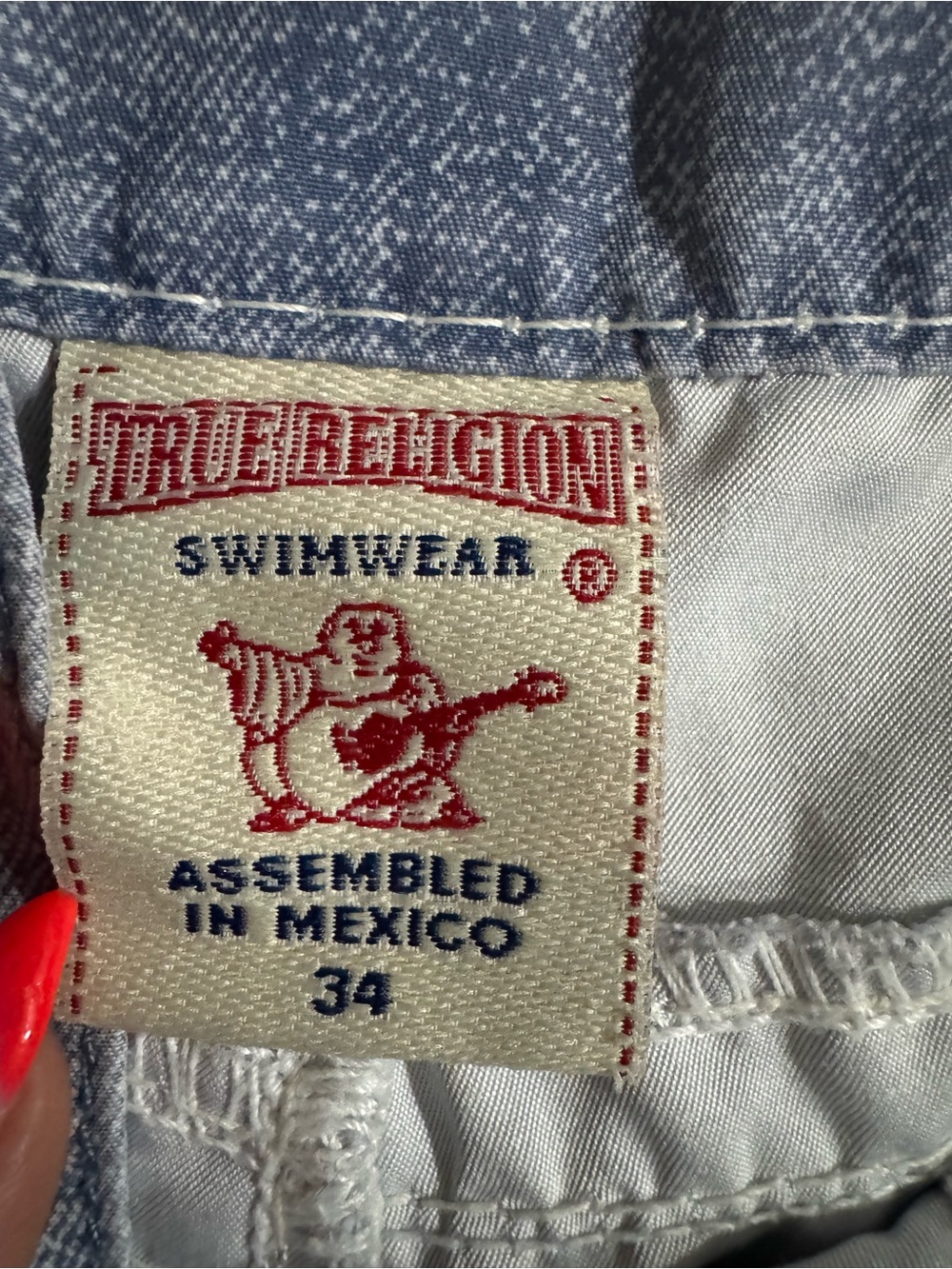 True Religion Swimwear Trunk Tag Detail in Light Blue and Red - Picture 3 of 4